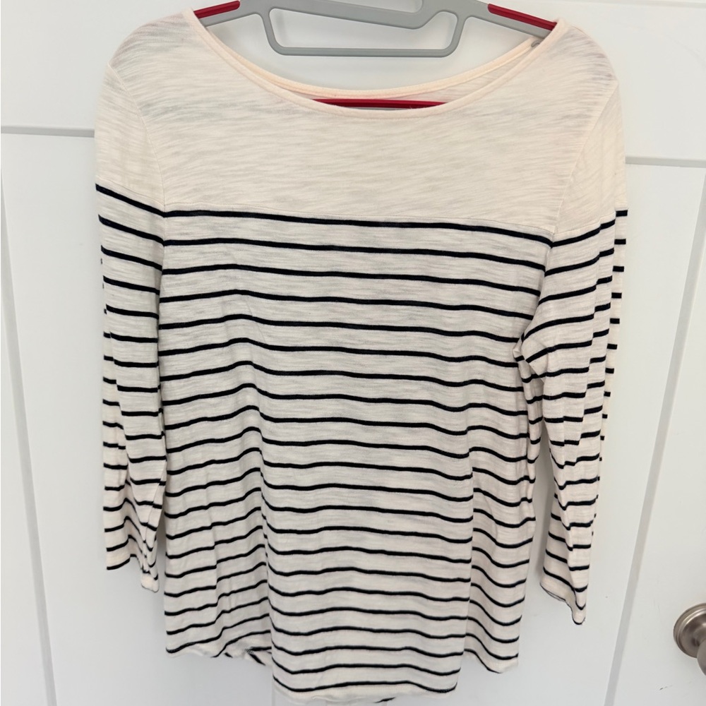 Chico's Cream Navy Stripe Boatneck Top | 3/4 Sleeve Cotton Modal Blend Nautical